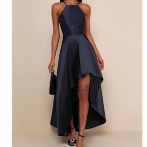 NEW Lulus Broadway Show Navy Blue High-Low Taffeta Pleated Gown Dress Medium